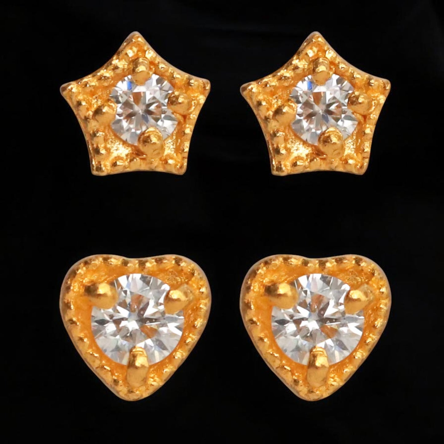 24K Gold Minimal Moissanite Mini Star or Heart Stud Earrings