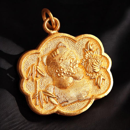 24K 999 Gold Engraved Cat Kitty Double Side Pendant