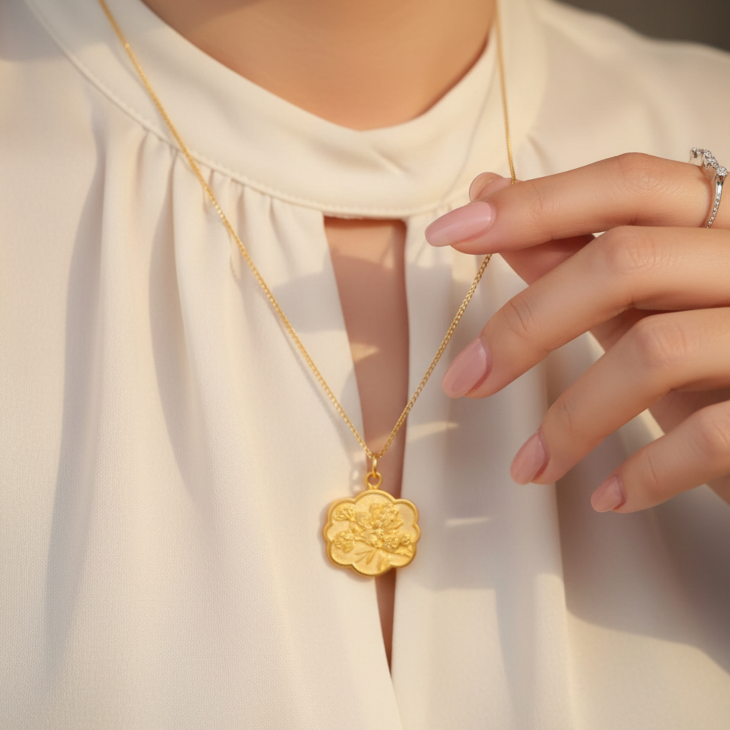 24K 999 Gold Engraved Cat Kitty Double Side Pendant