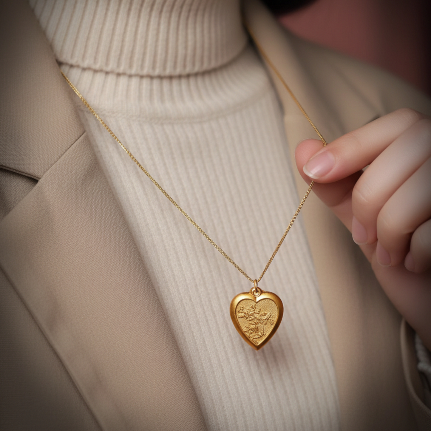24K 999 Gold Engraved Bird Heart-Shaped Pendant