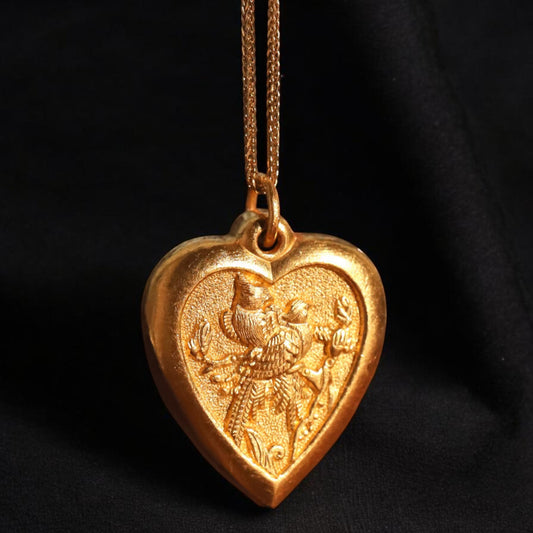 24K 999 Gold Engraved Bird Heart-Shaped Pendant