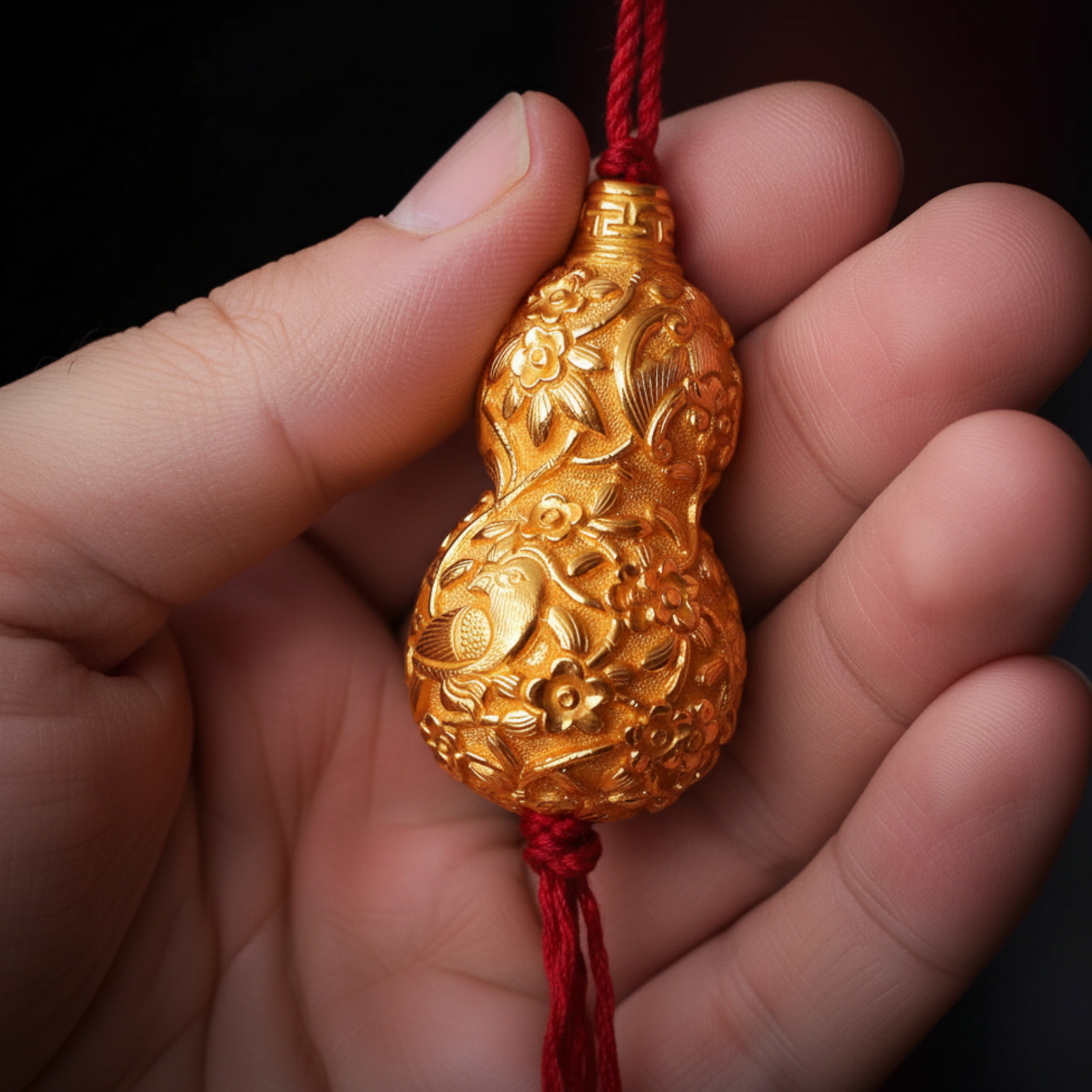 24K 999 Gold Engraved Magpie Cherry blossom Auspicious Gourd Pendant