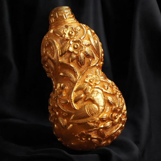 24K 999 Gold Engraved Magpie Cherry blossom Auspicious Gourd Pendant