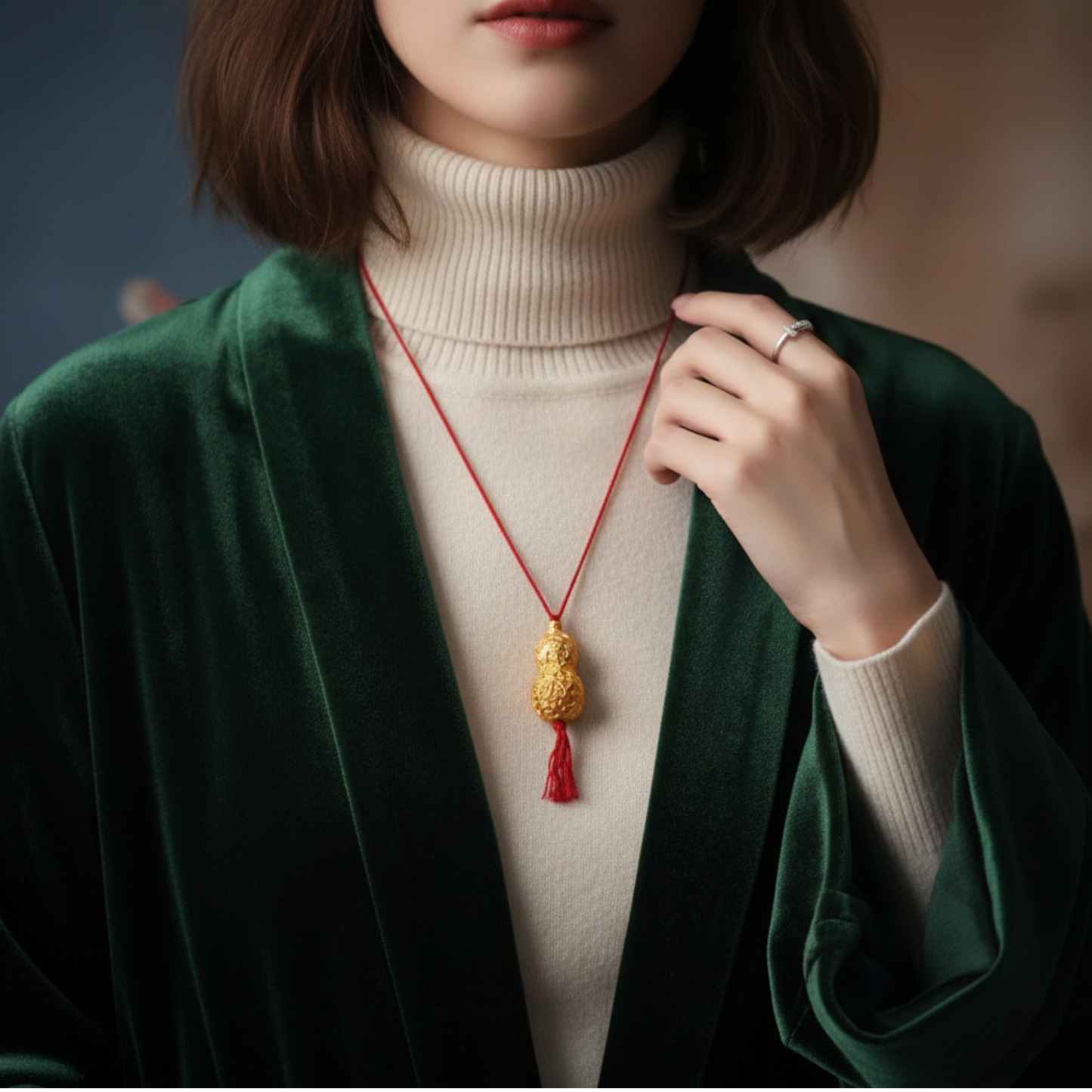 24K 999 Gold Engraved Magpie Cherry blossom Auspicious Gourd Pendant