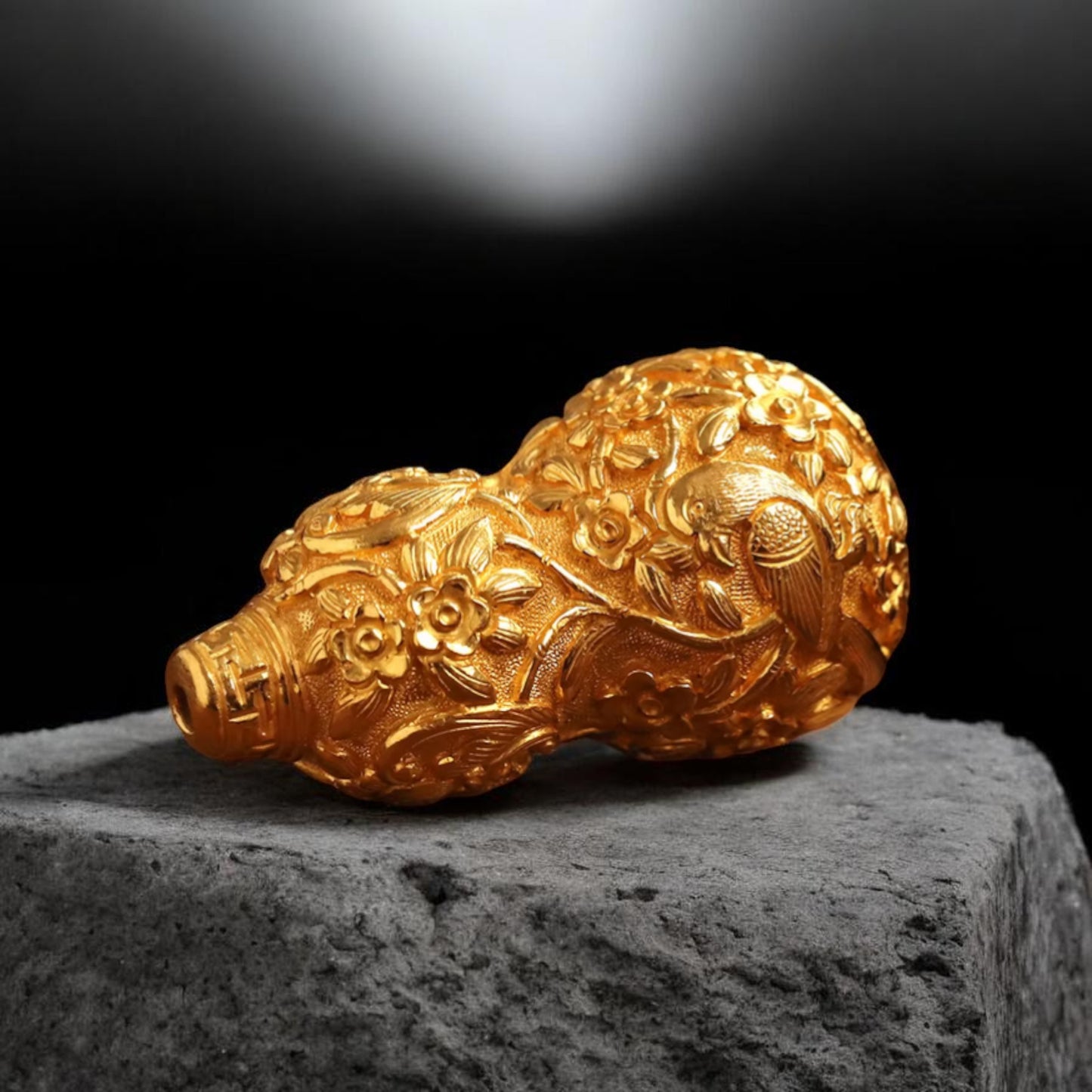 24K 999 Gold Engraved Magpie Cherry blossom Auspicious Gourd Pendant