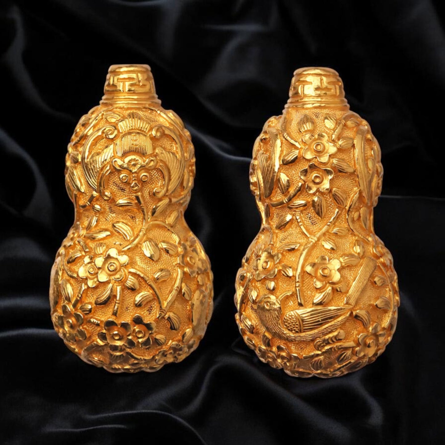 24K 999 Gold Engraved Magpie Cherry blossom Auspicious Gourd Pendant