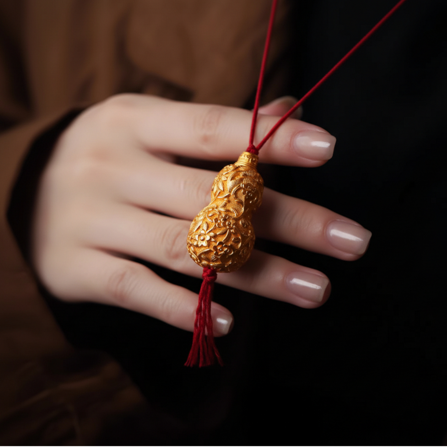 24K 999 Gold Engraved Magpie Cherry blossom Auspicious Gourd Pendant