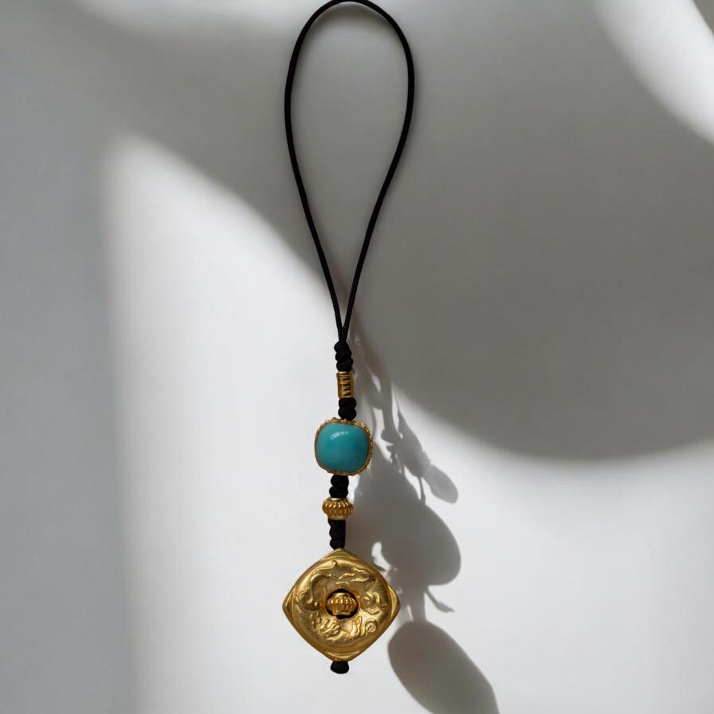 24K 999 Pure Gold Ancient Style Tai Sui Turquoise Mobile Phone Keychain Pendant