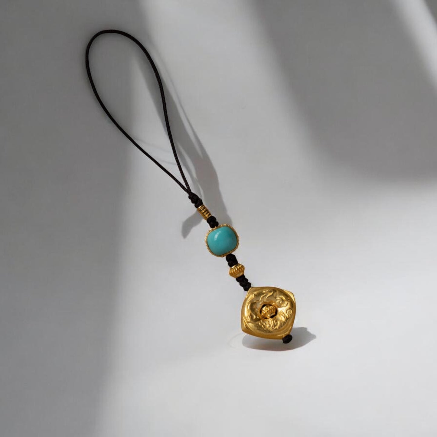 24K 999 Pure Gold Ancient Style Tai Sui Turquoise Mobile Phone Keychain Pendant