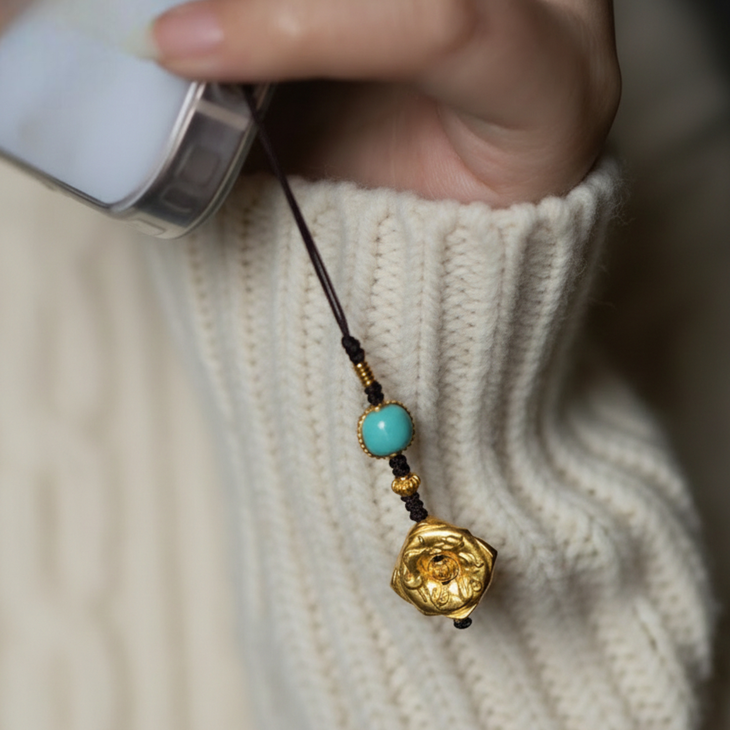 24K 999 Pure Gold Ancient Style Tai Sui Turquoise Mobile Phone Keychain Pendant