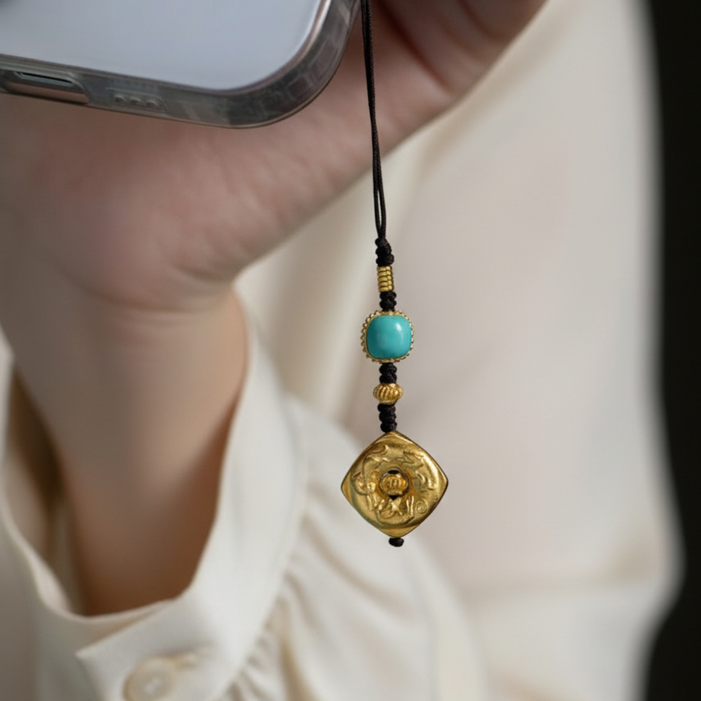 24K 999 Pure Gold Ancient Style Tai Sui Turquoise Mobile Phone Keychain Pendant