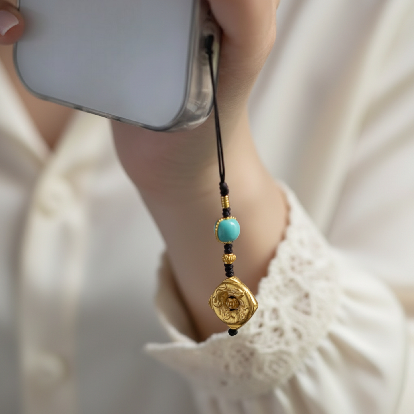 24K 999 Pure Gold Ancient Style Tai Sui Turquoise Mobile Phone Keychain Pendant