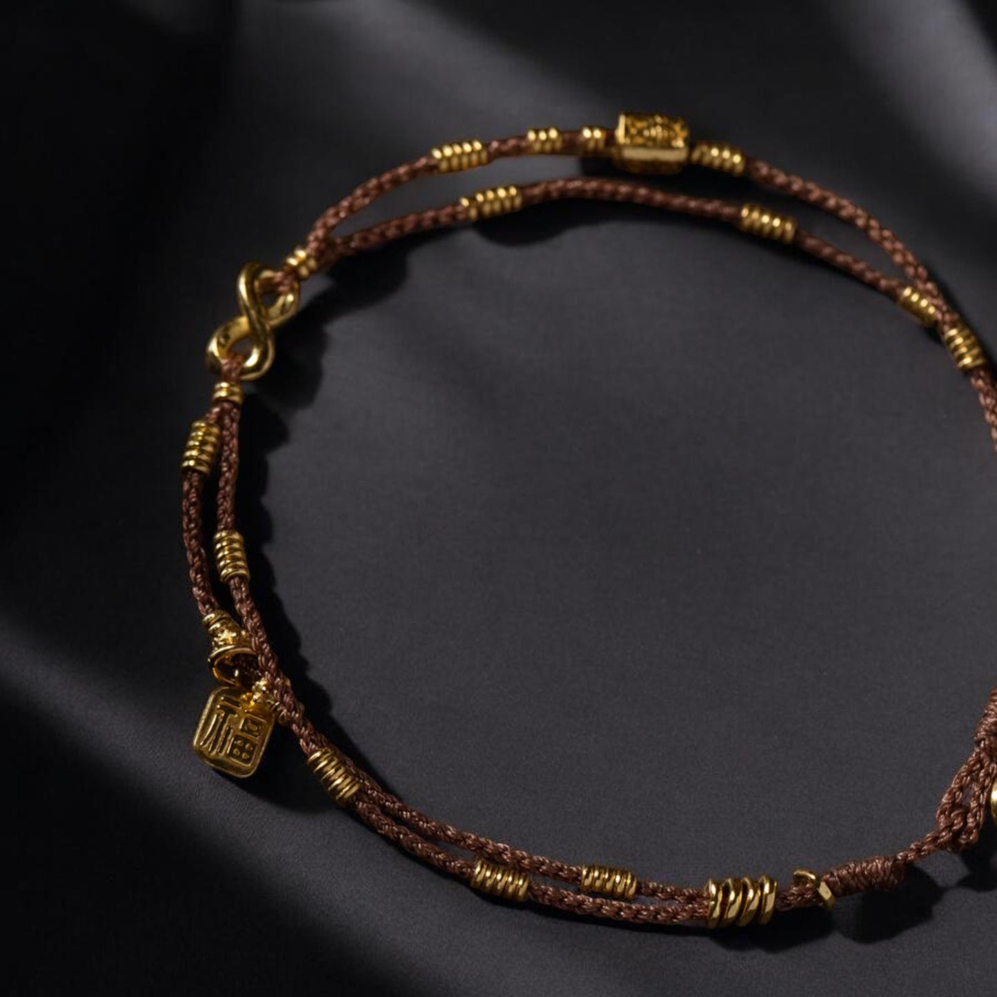 24K Pure 999 Gold Chinese Fu Blessing Lucky Beads Woven Rope Bracelet