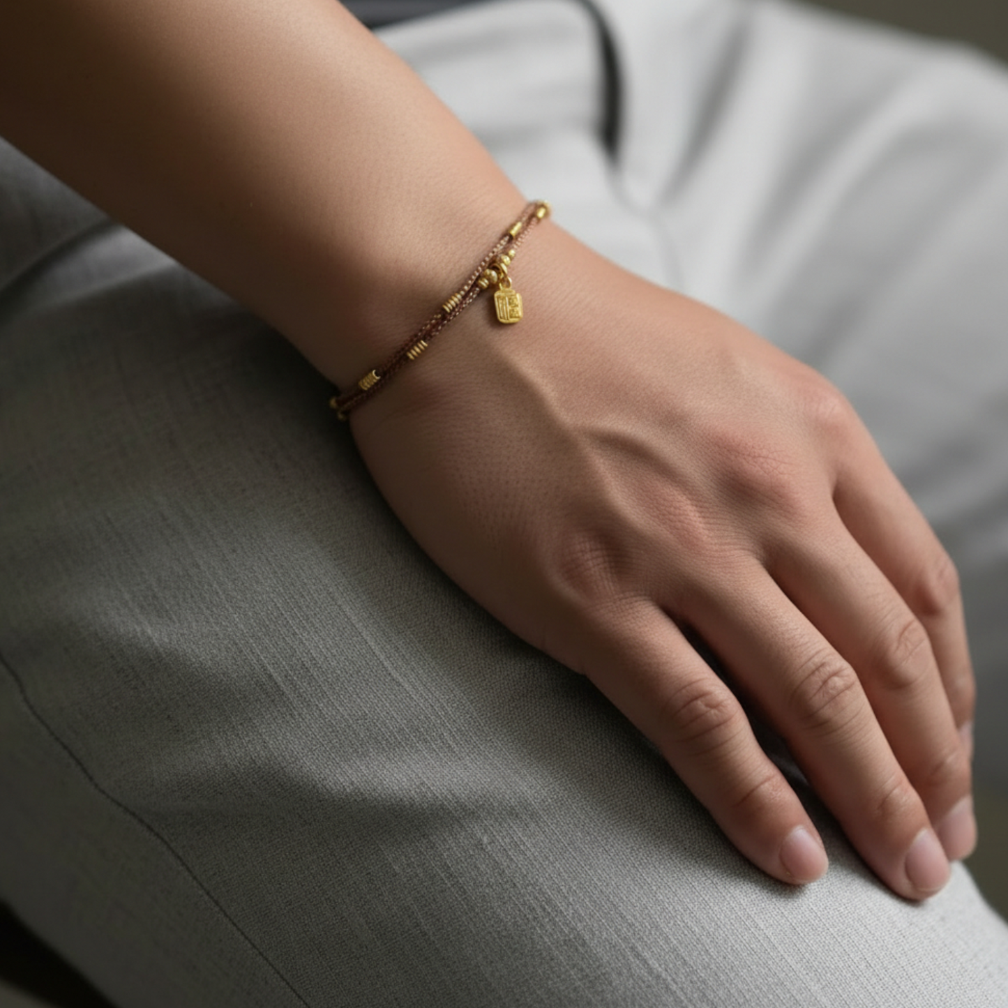 24K Pure 999 Gold Chinese Fu Blessing Lucky Beads Woven Rope Bracelet