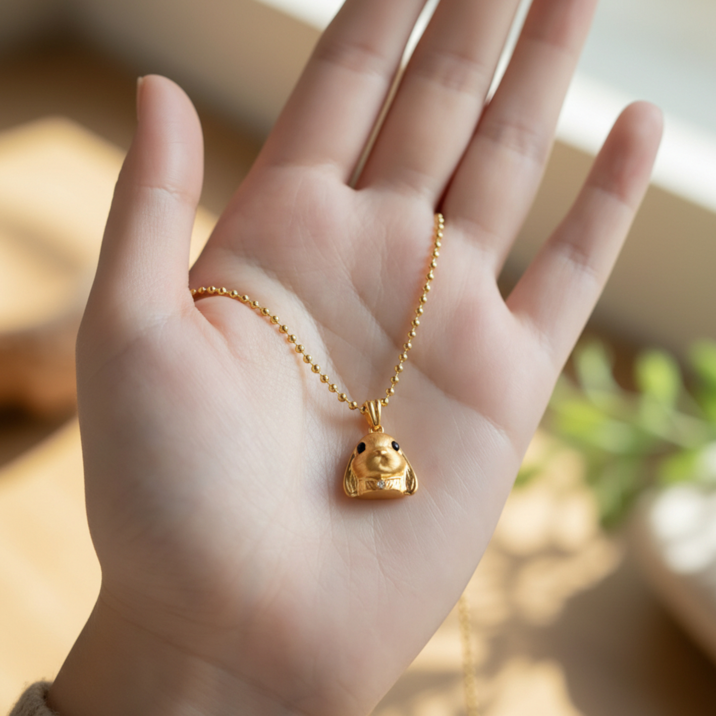 24K 999 Gold Rabbit Cute Bunny Moissanite Enamel Pendant