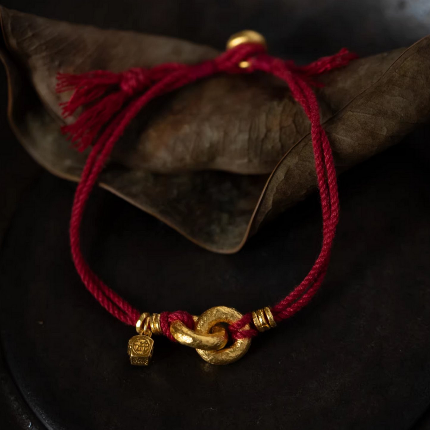 24K Pure 999 Gold Chinese Fu Blessing Lucky Beads Woven Rope Bracelet
