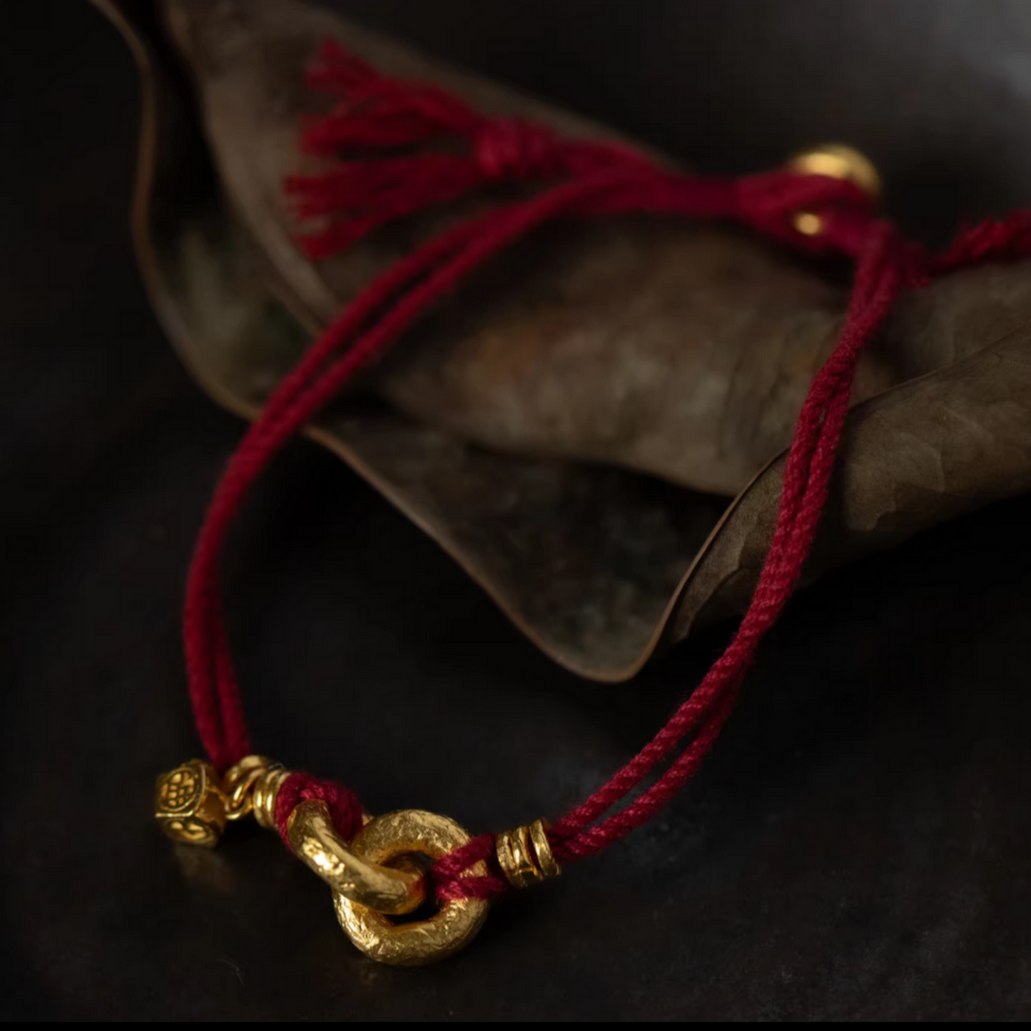 24K Pure 999 Gold Chinese Fu Blessing Lucky Beads Woven Rope Bracelet