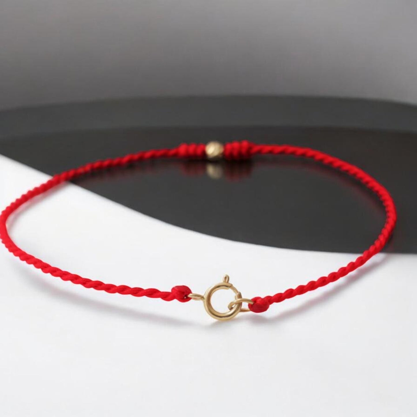 14K Gold Minimal Style Bead Blessing Charm with Red Braided Rope Bracelet
