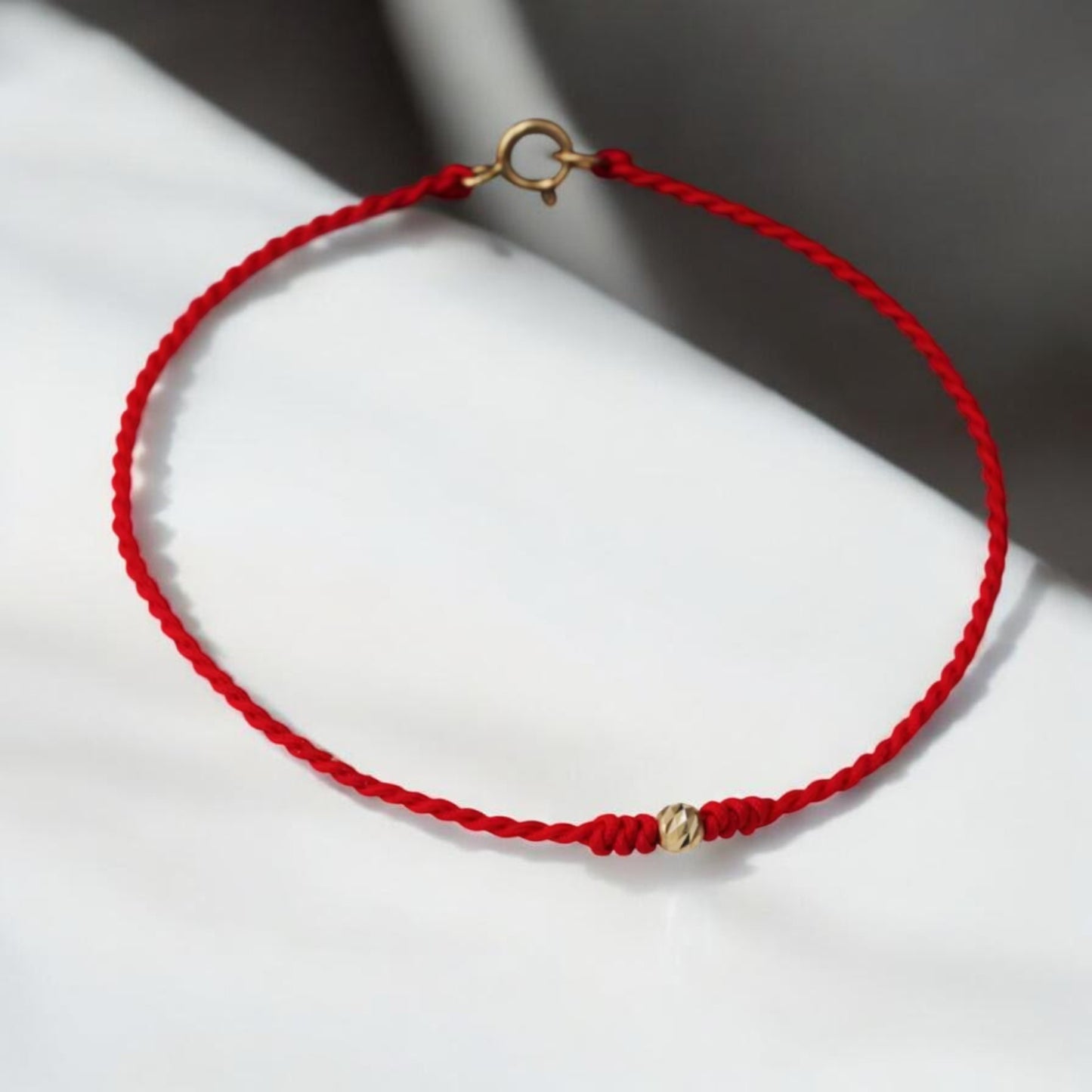 14K Gold Minimal Style Bead Blessing Charm with Red Braided Rope Bracelet