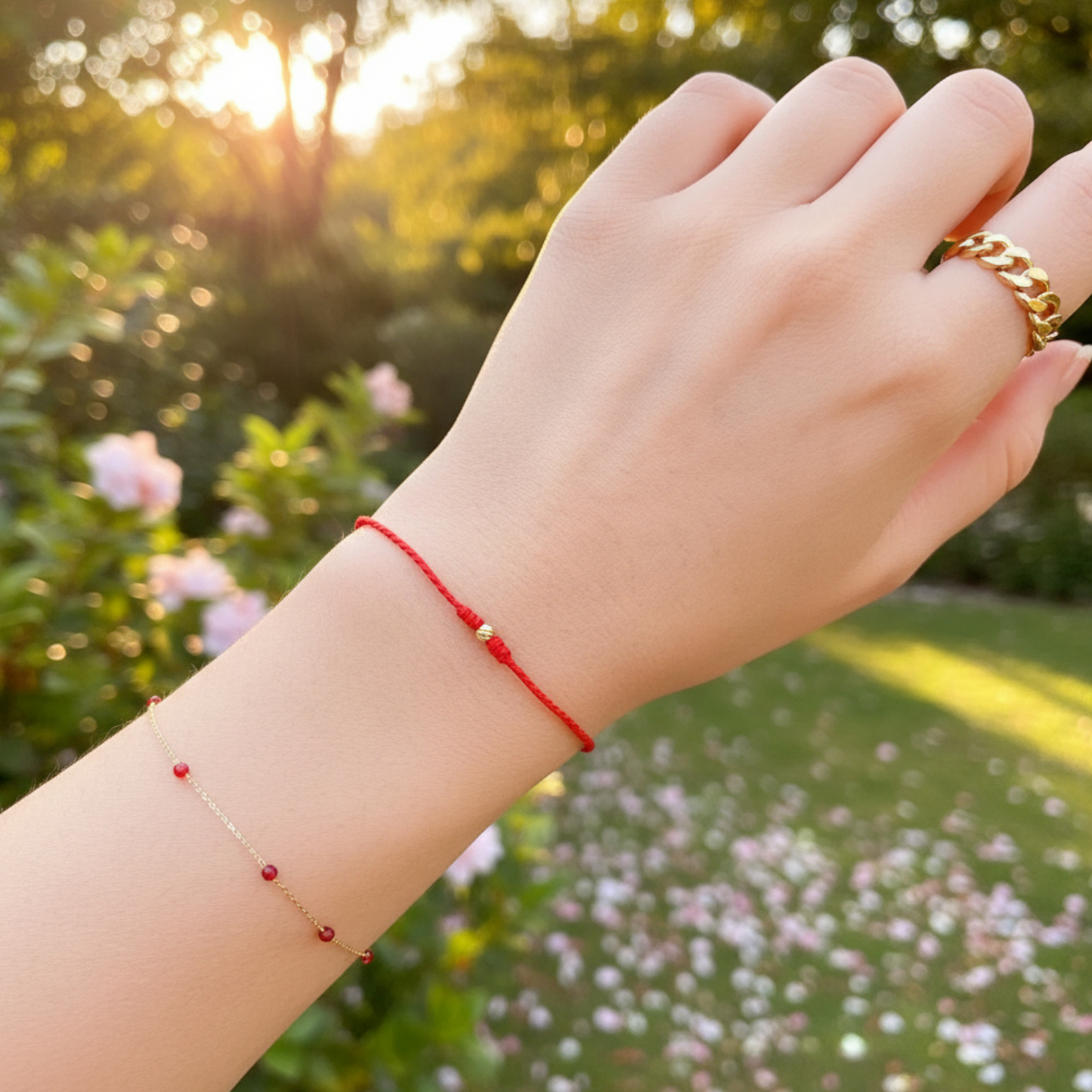 14K Gold Minimal Style Bead Blessing Charm with Red Braided Rope Bracelet