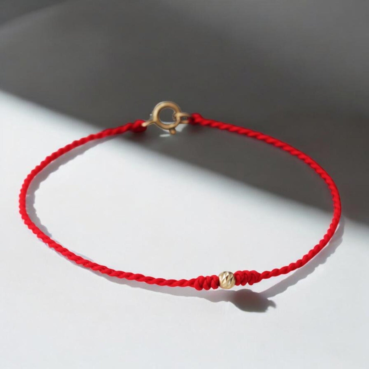 14K Gold Minimal Style Bead Blessing Charm with Red Braided Rope Bracelet