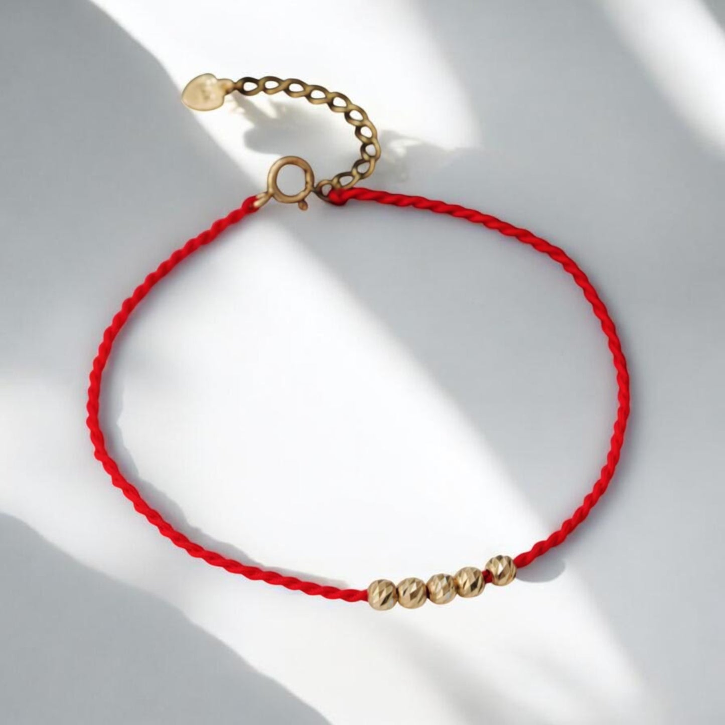 14K Gold Minimal Style Bead Blessing Charm with Red Braided Rope Bracelet