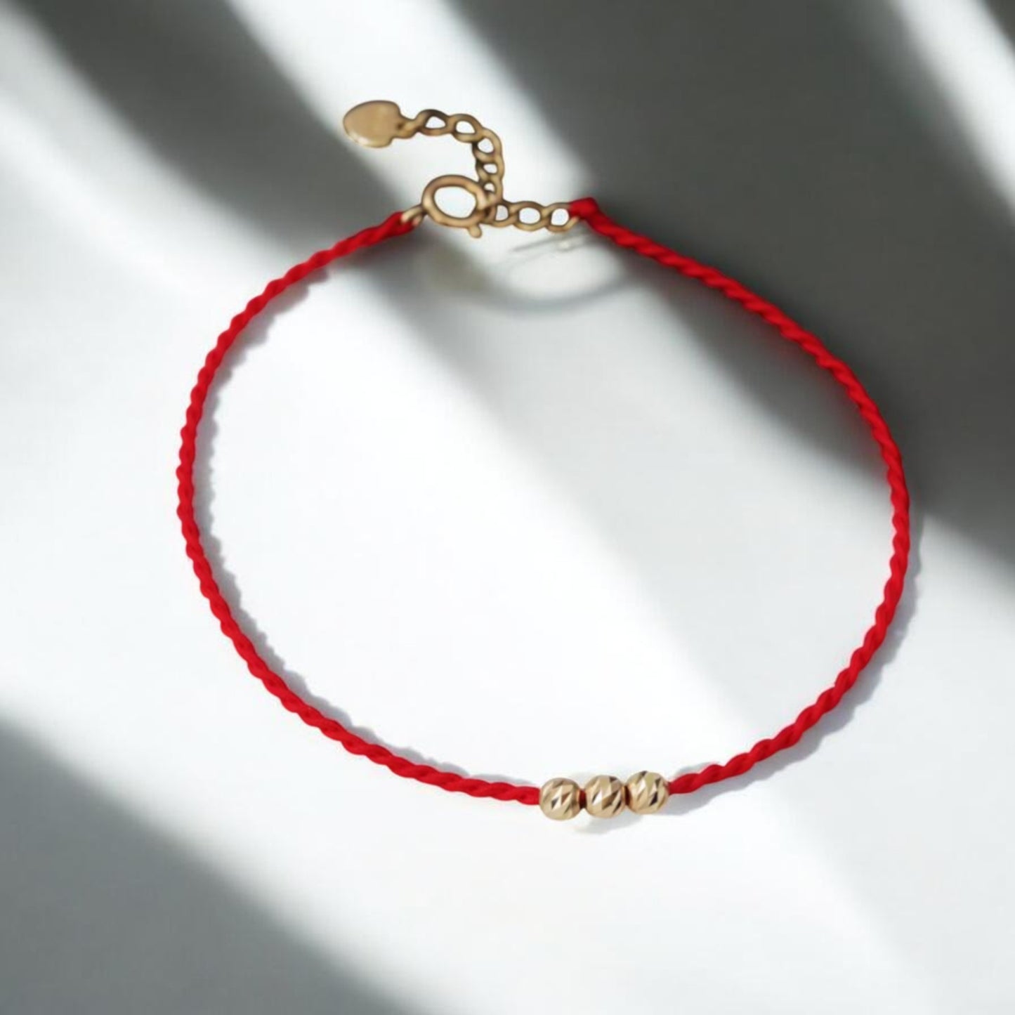 14K Gold Minimal Style Bead Blessing Charm with Red Braided Rope Bracelet