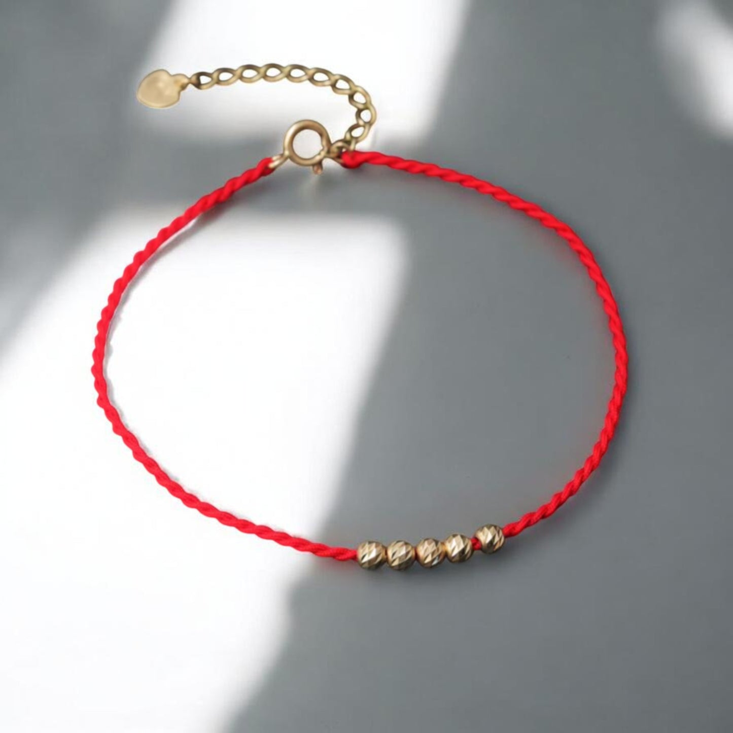 14K Gold Minimal Style Bead Blessing Charm with Red Braided Rope Bracelet