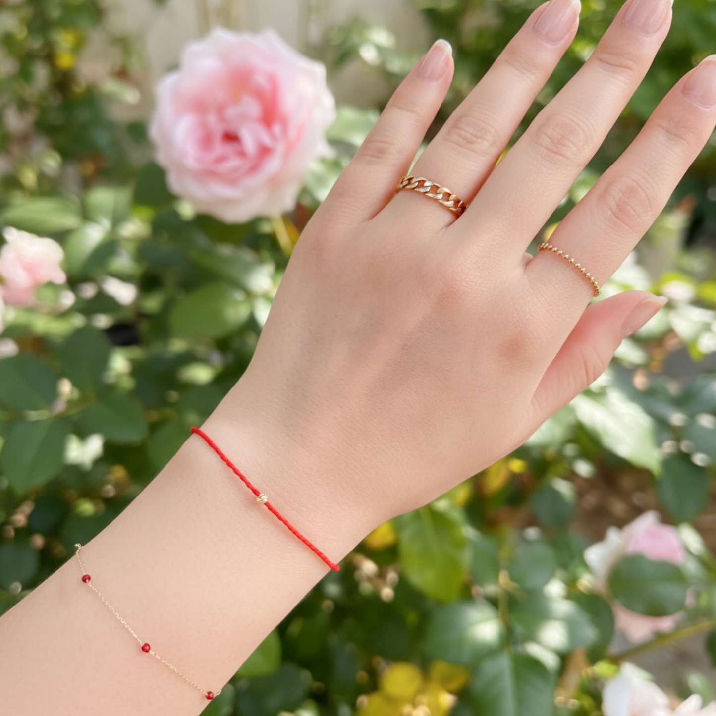 14K Gold Minimal Style Bead Blessing Charm with Red Braided Rope Bracelet