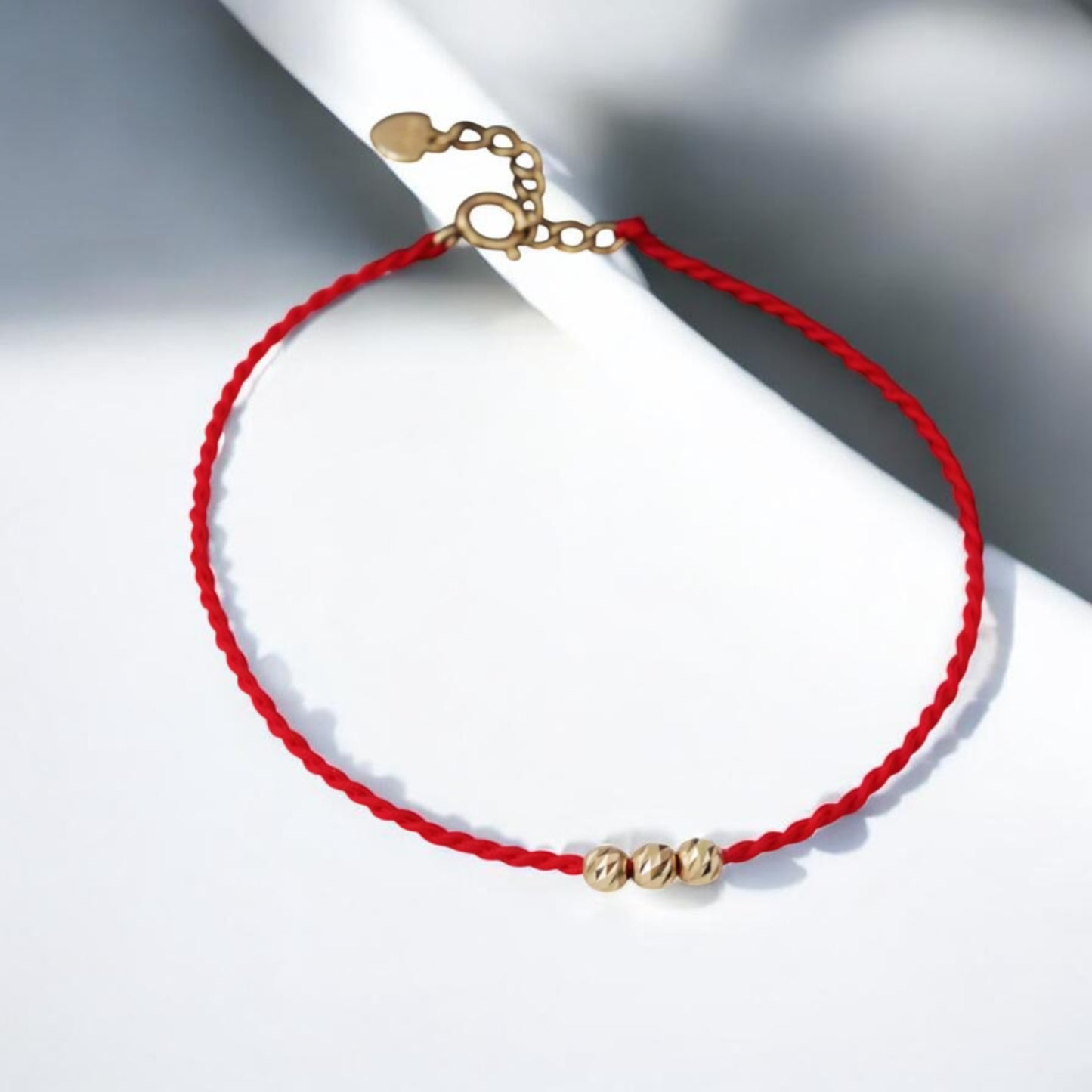 14K Gold Minimal Style Bead Blessing Charm with Red Braided Rope Bracelet