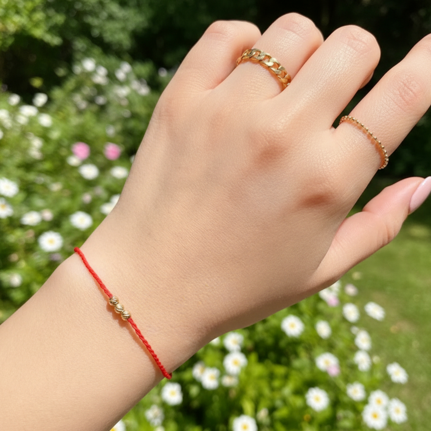 14K Gold Minimal Style Bead Blessing Charm with Red Braided Rope Bracelet