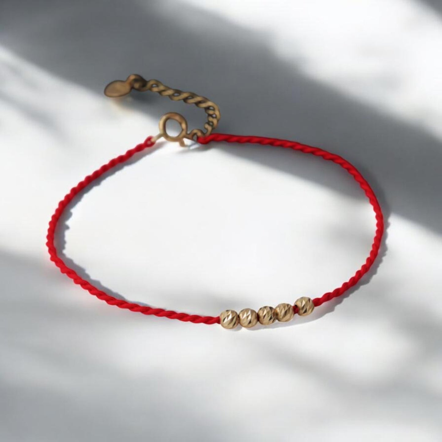 14K Gold Minimal Style Bead Blessing Charm with Red Braided Rope Bracelet