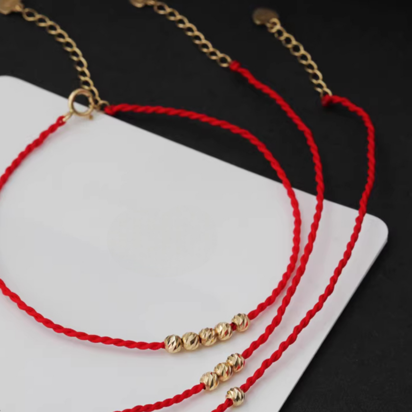 14K Gold Minimal Style Bead Blessing Charm with Red Braided Rope Bracelet