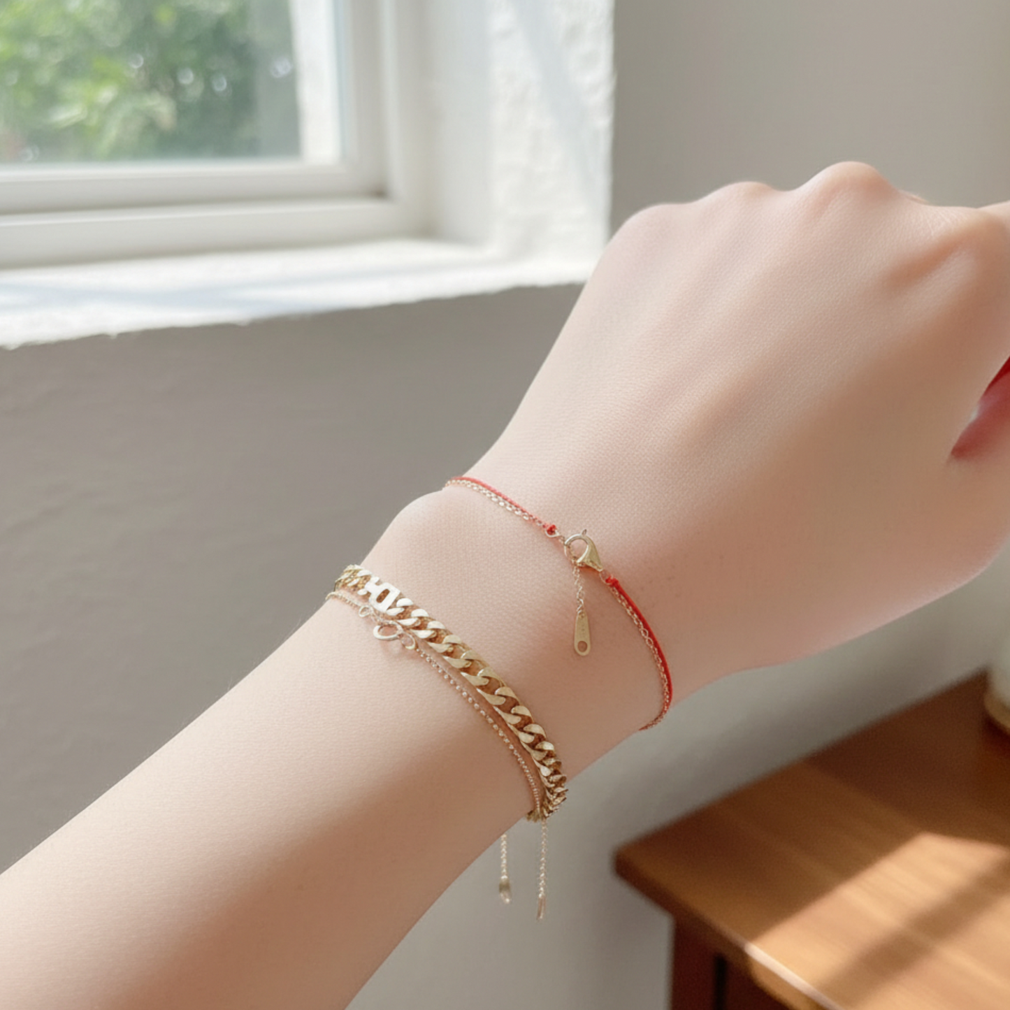 14K Gold Minimal Style Double Layer Lucky Red Braided Rope Bracelet