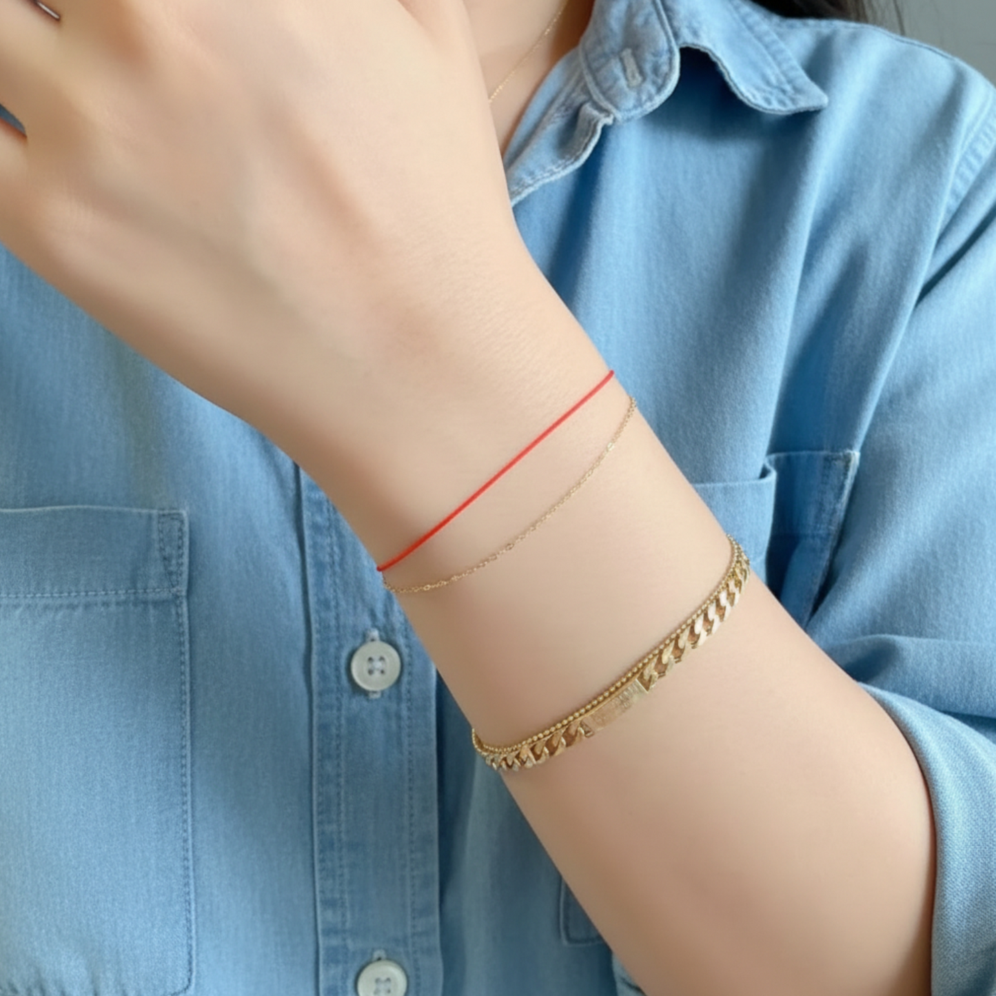 14K Gold Minimal Style Double Layer Lucky Red Braided Rope Bracelet