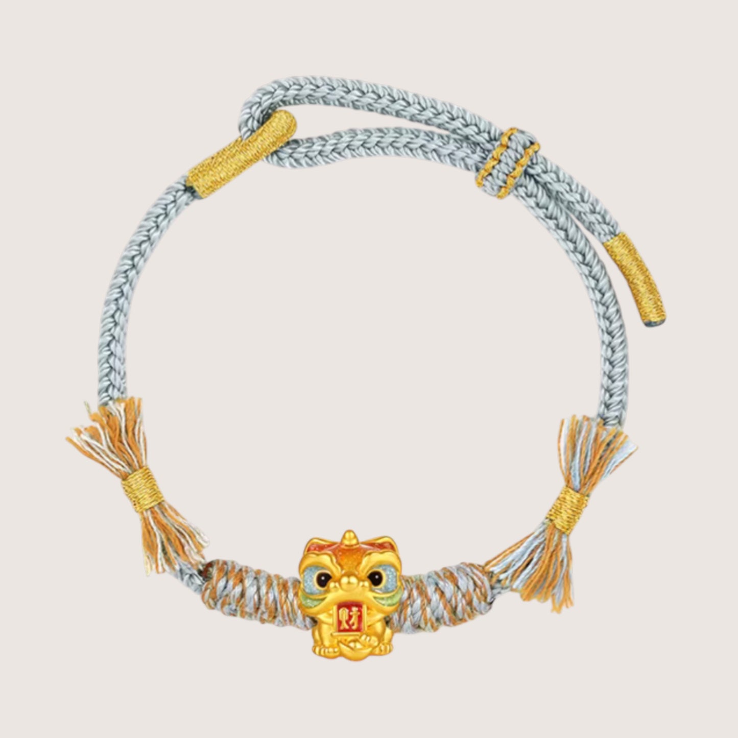 24K 5D 999 Gold Enamel Lion Dance Charm Rope Adjustable Bracelet Bring Wealth