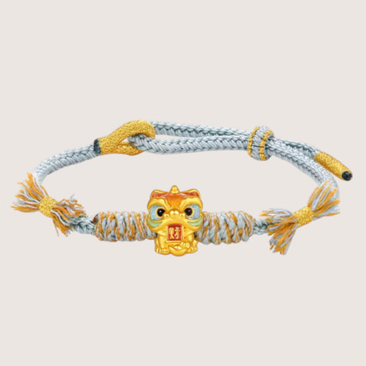 24K 5D 999 Gold Enamel Lion Dance Charm Rope Adjustable Bracelet Bring Wealth