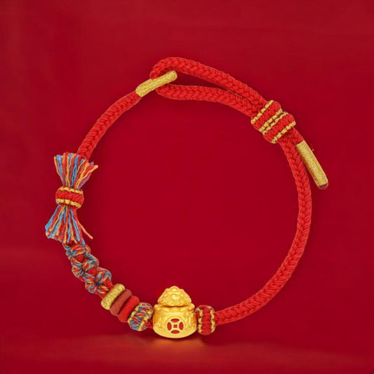24K 5D 999 Gold Enamel Gourd Charm Rope Adjustable Bracelet Bring Wealth