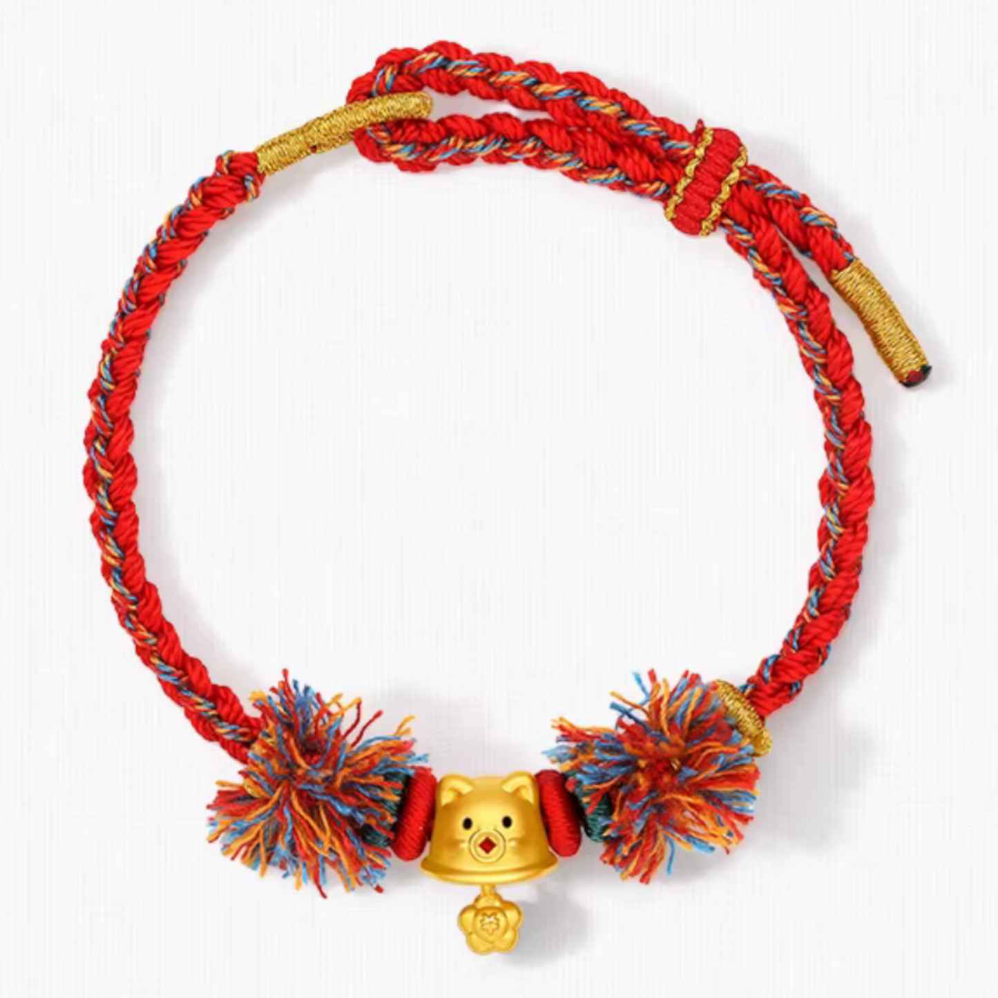 24K 5D 999 Gold Enamel Cat Kitty Charm Rope Adjustable Bracelet Bring Wealth