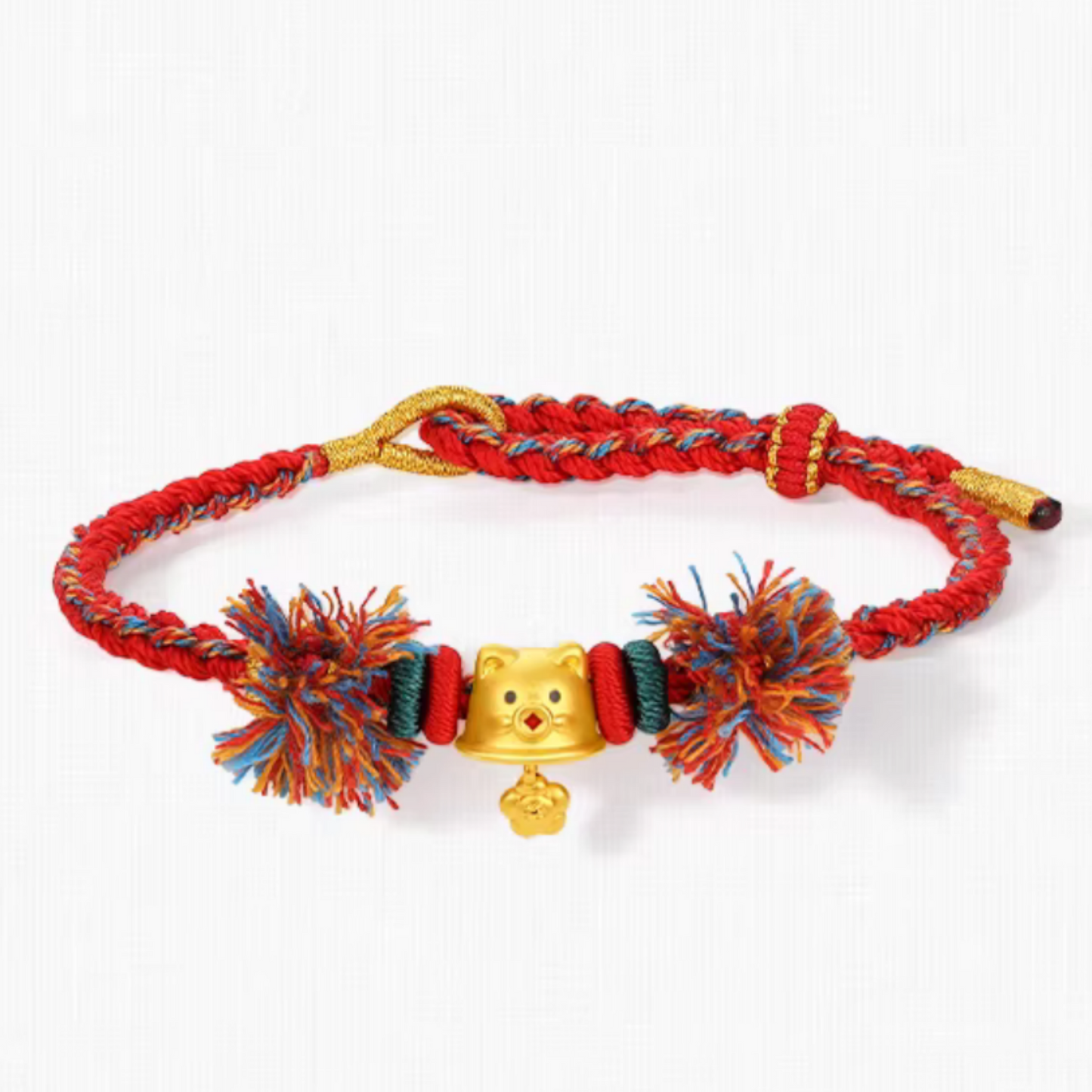 24K 5D 999 Gold Enamel Cat Kitty Charm Rope Adjustable Bracelet Bring Wealth