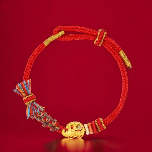 24K 5D 999 Gold Enamel Elephant Charm Rope Adjustable Bracelet