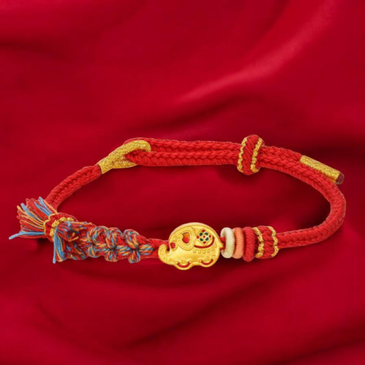 24K 5D 999 Gold Enamel Elephant Charm Rope Adjustable Bracelet