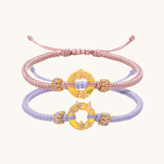 24K 999 5D Gold Enamel Flower Butterfly Buckle Charm Rope Bracelet