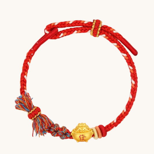 24K 5D 999 Gold Enamel Treasure Bowl Charm Rope Adjustable Bracelet