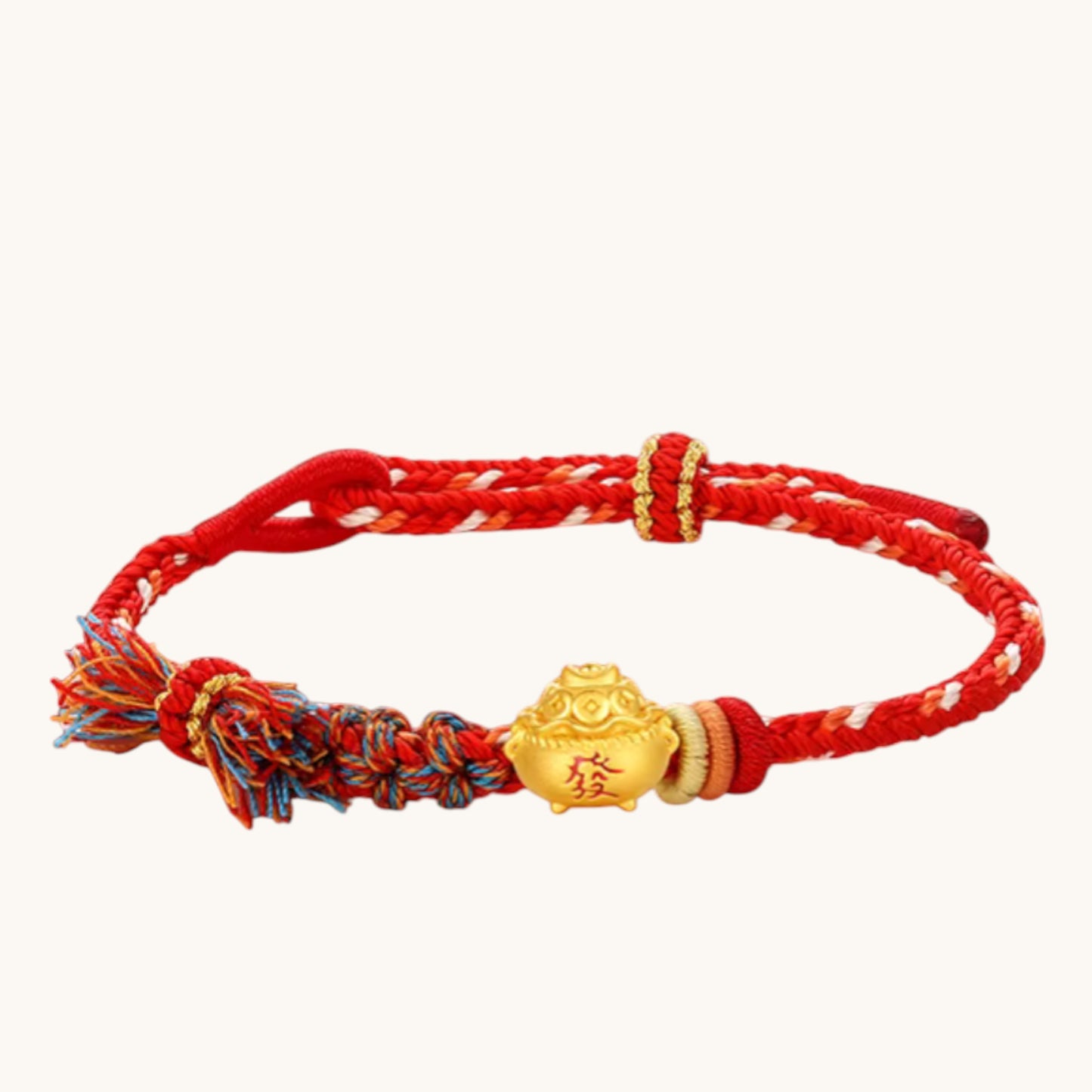 24K 5D 999 Gold Enamel Treasure Bowl Charm Rope Adjustable Bracelet