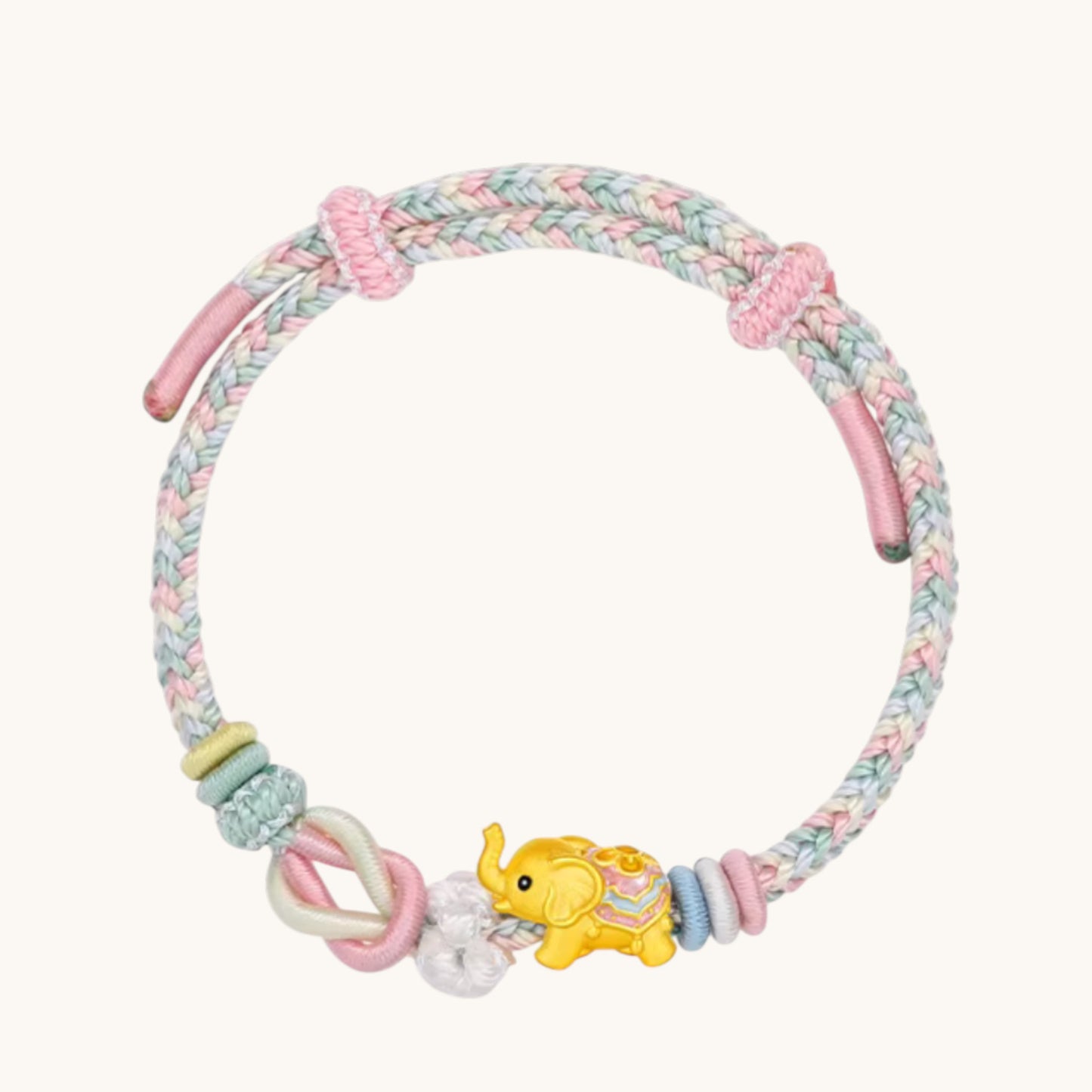 24K 999 Gold Cute Enamel Elephant Charm Rope Adjustable Bracelet