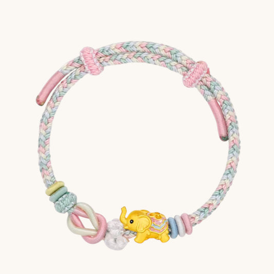 24K 999 Gold Cute Enamel Elephant Charm Rope Adjustable Bracelet