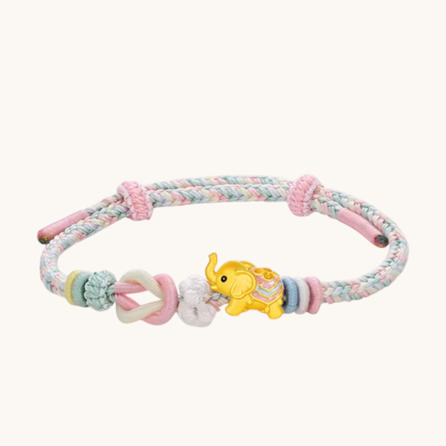 24K 999 Gold Cute Enamel Elephant Charm Rope Adjustable Bracelet