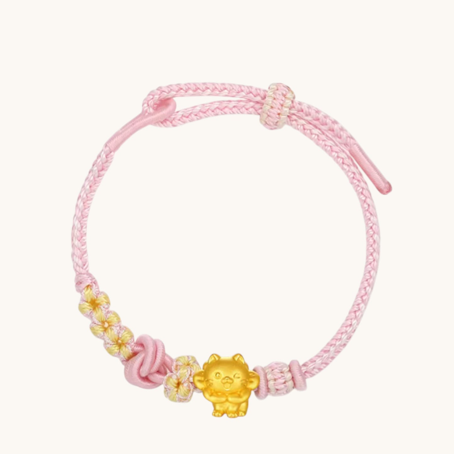 24K 999 Gold Cute Kitty Cat Charm Rope Adjustable Bracelet