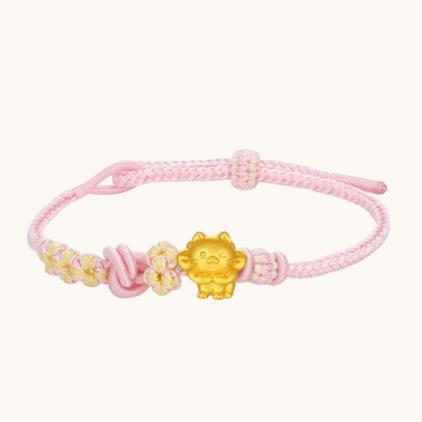 24K 999 Gold Cute Kitty Cat Charm Rope Adjustable Bracelet